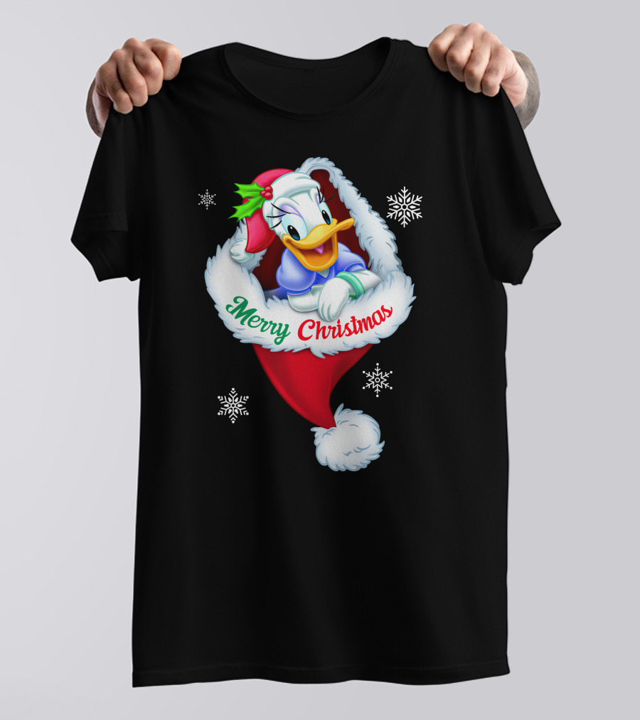 Merry Christmas Daisy Duck Santa Hat Snowflakes T-Shirt