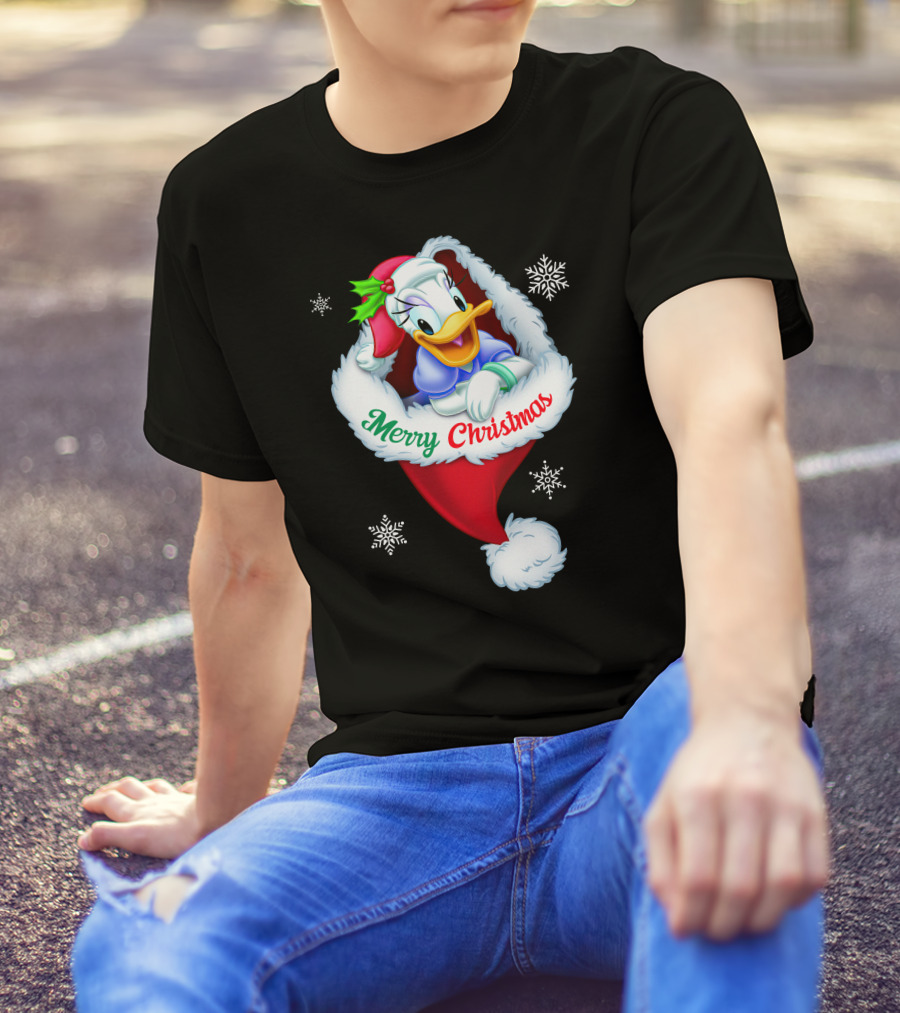 Merry Christmas Daisy Duck Santa Hat Snowflakes T-Shirt