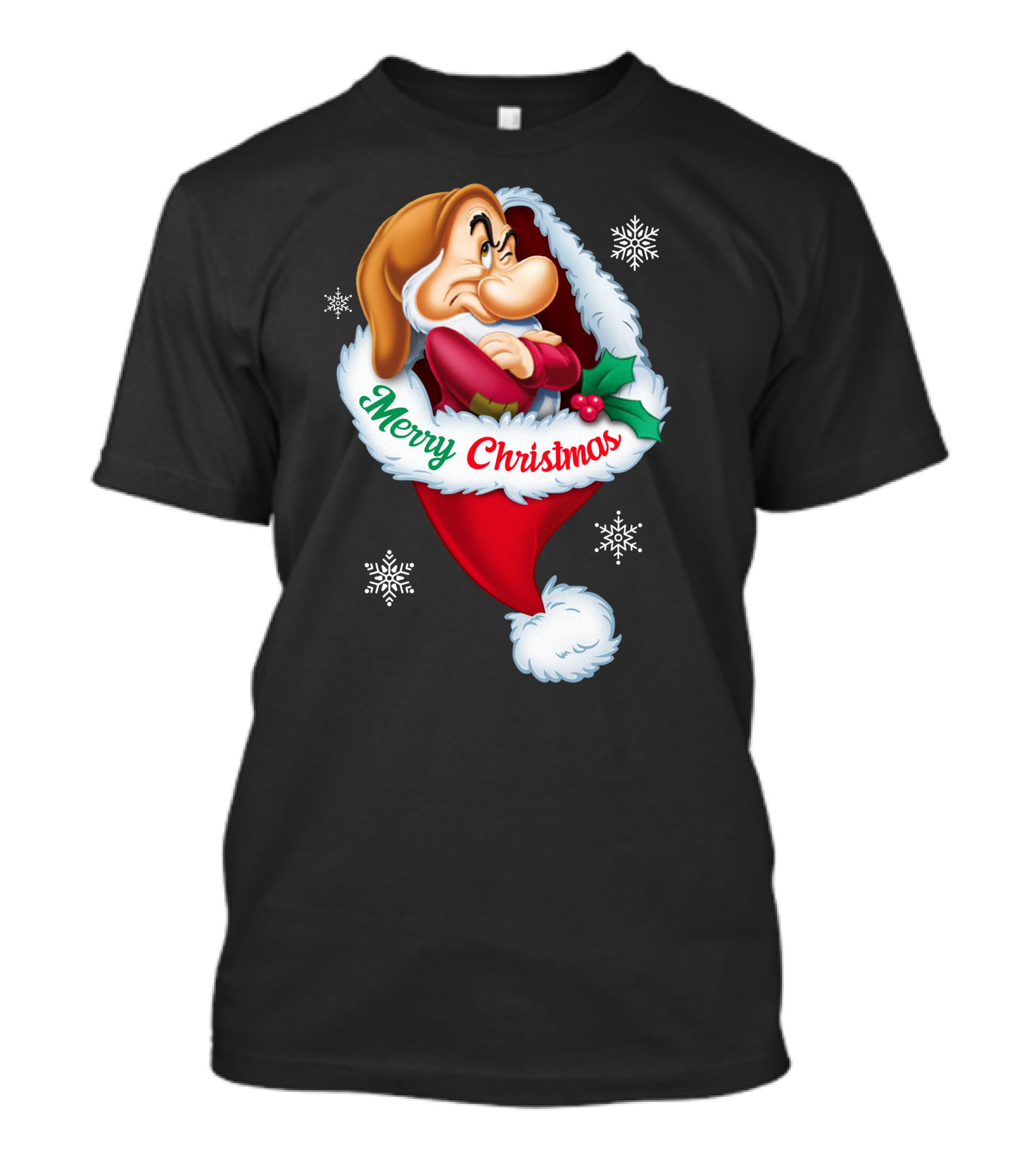 Grumpy Merry Christmas Santa Hat And Snowflakes T-Shirt