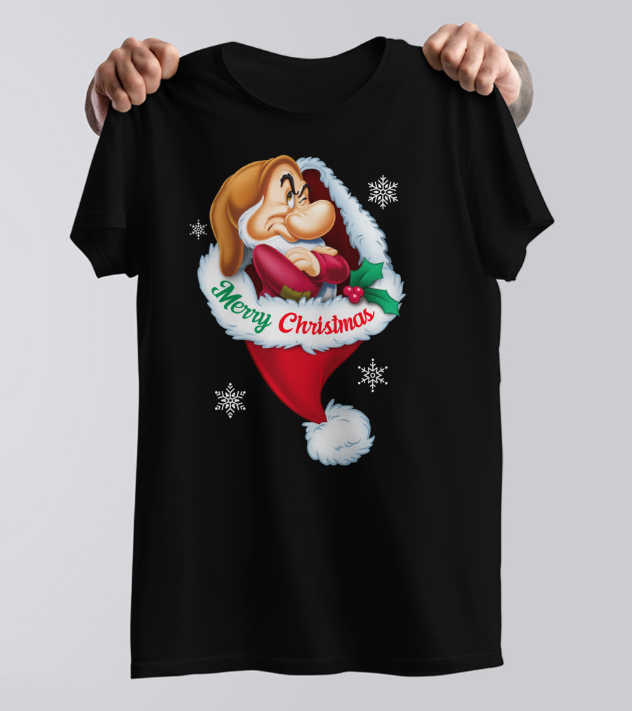 Grumpy Merry Christmas Santa Hat And Snowflakes T-Shirt