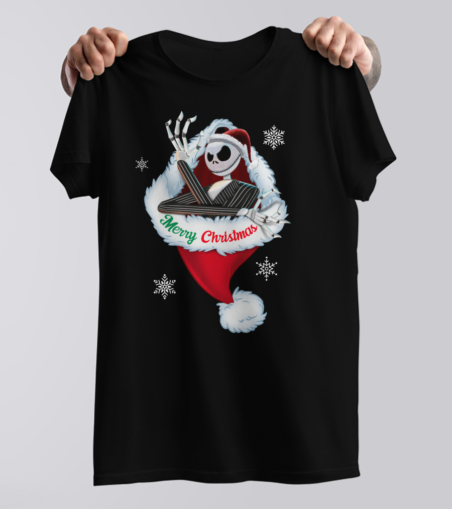 Jack Skellington Merry Christmas Santa Hat Snowflakes T-Shirt