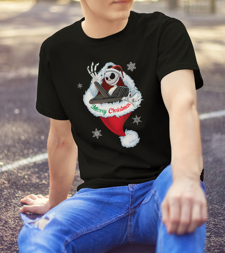 Jack Skellington Merry Christmas Santa Hat Snowflakes T-Shirt