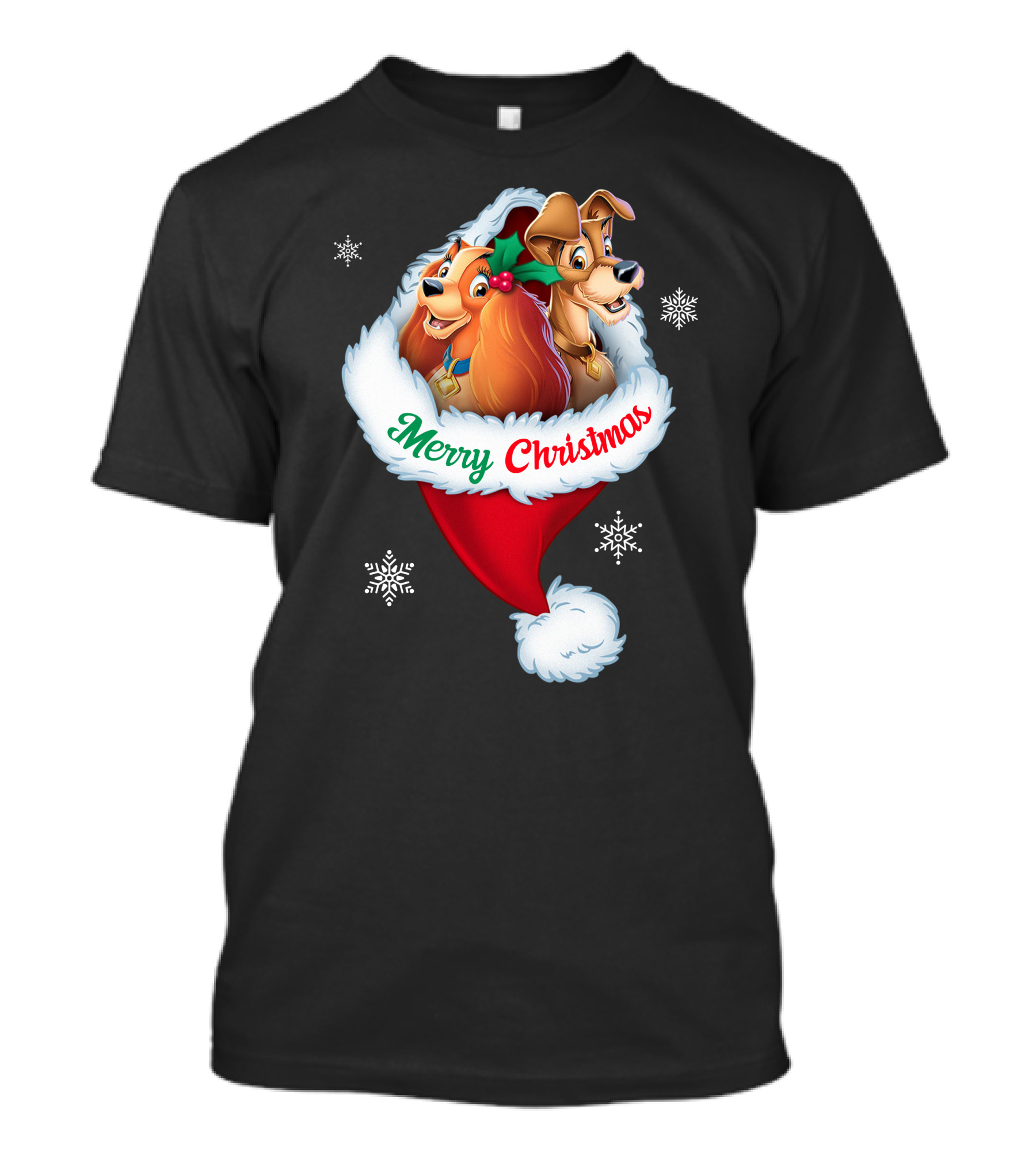 Merry Christmas Lady And The Tramp Holiday Santa Hat Snowflakes T-Shirt
