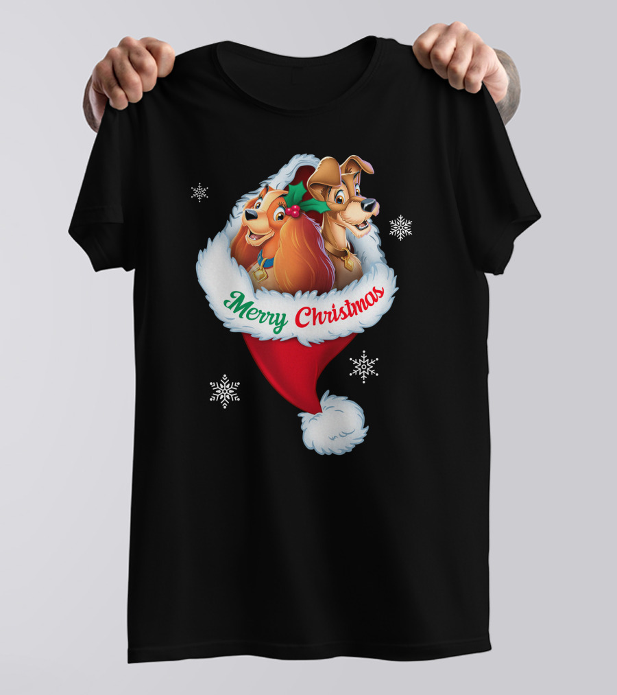 Merry Christmas Lady And The Tramp Holiday Santa Hat Snowflakes T-Shirt