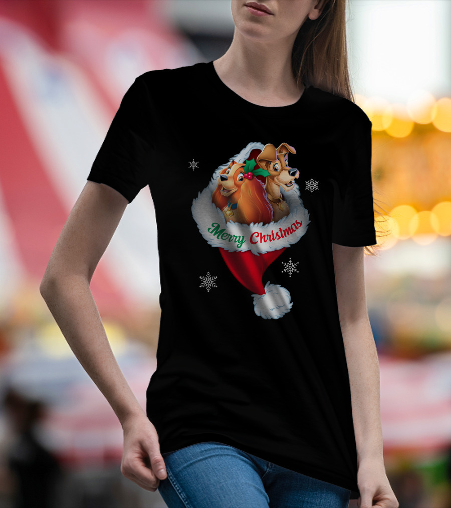 Merry Christmas Lady And The Tramp Holiday Santa Hat Snowflakes T-Shirt