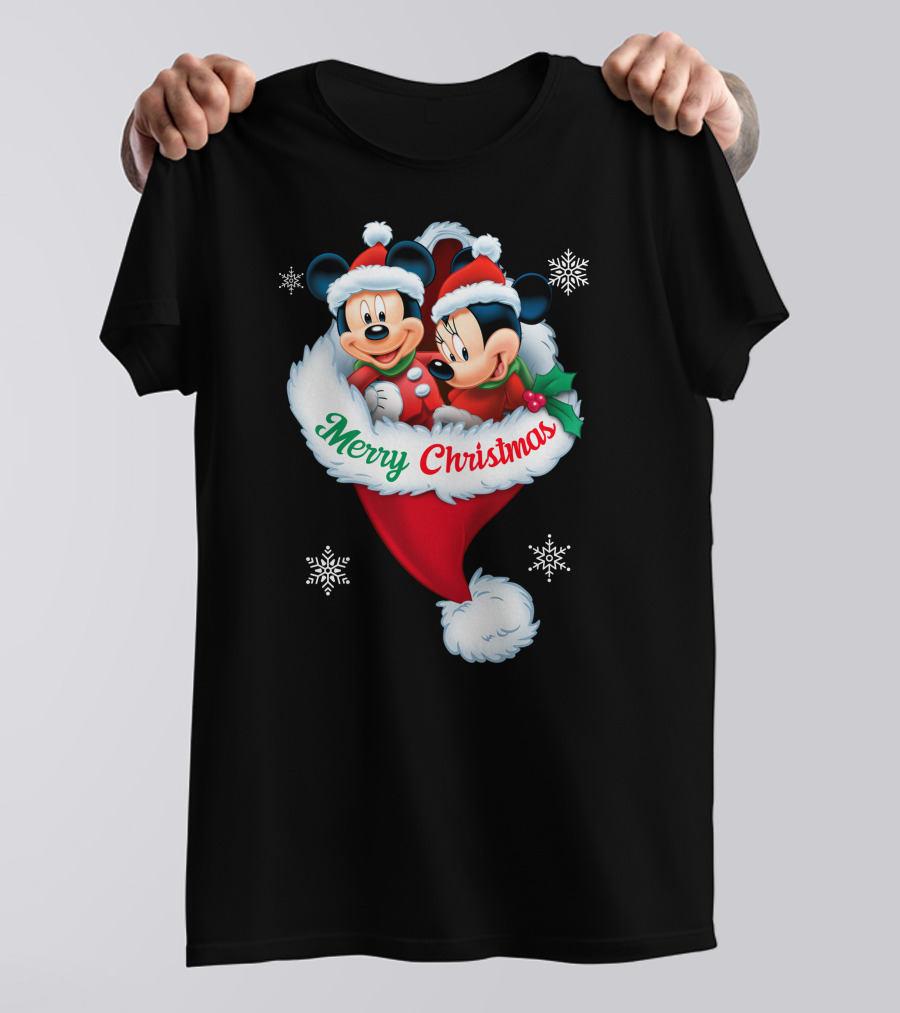 Merry Christmas Mickey Minnie Santa Hat Snowflakes T-Shirt