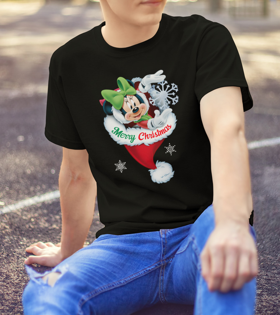 Minnie Mouse Merry Christmas Santa Hat Snowflakes T-Shirt