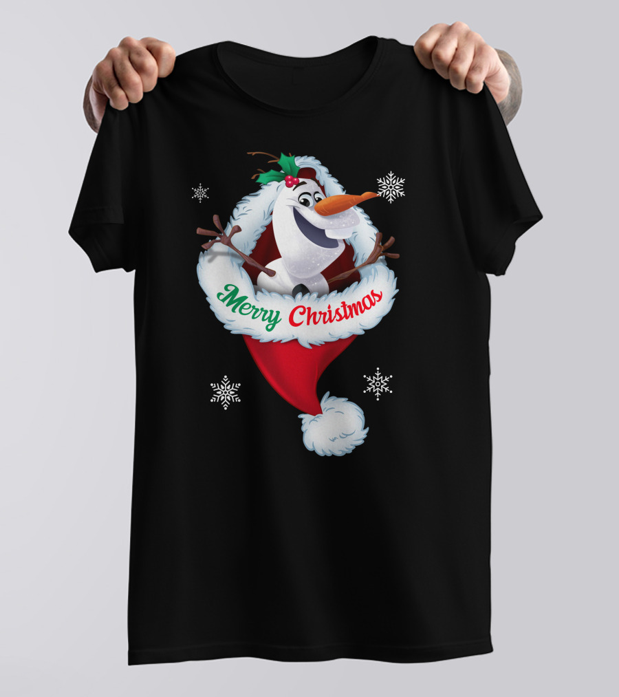 Olaf Merry Christmas Santa Hat With Snowflakes T-Shirt