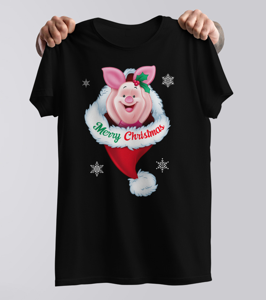 Piglet Merry Christmas Holiday Santa Hat Snowflakes T-Shirt