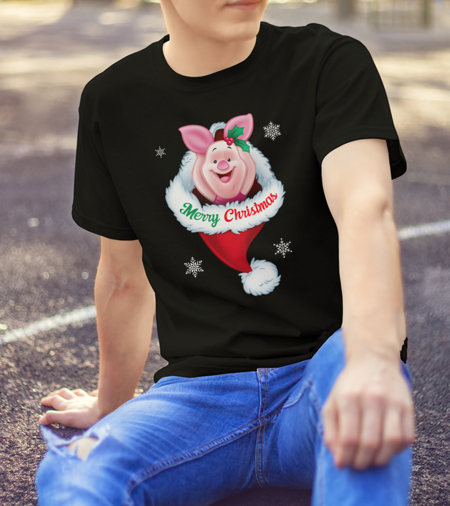 Piglet Merry Christmas Holiday Santa Hat Snowflakes T-Shirt
