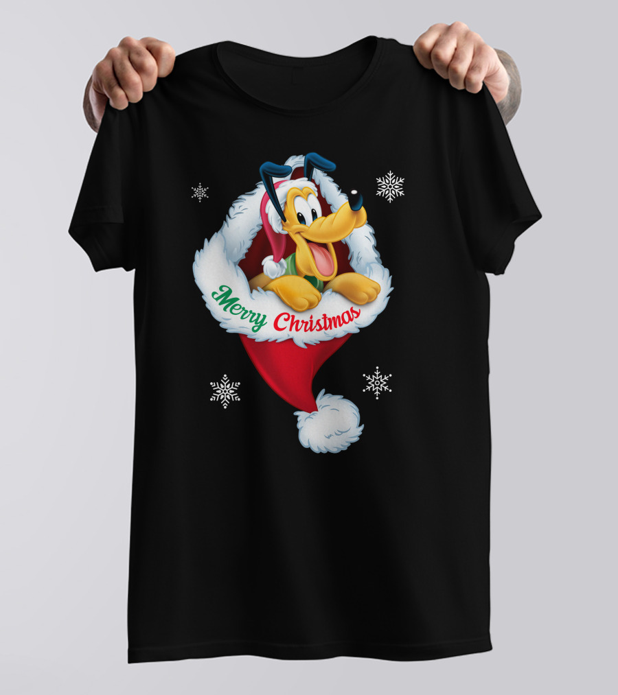 Merry Christmas Pluto Santa Hat Snowflakes T-Shirt
