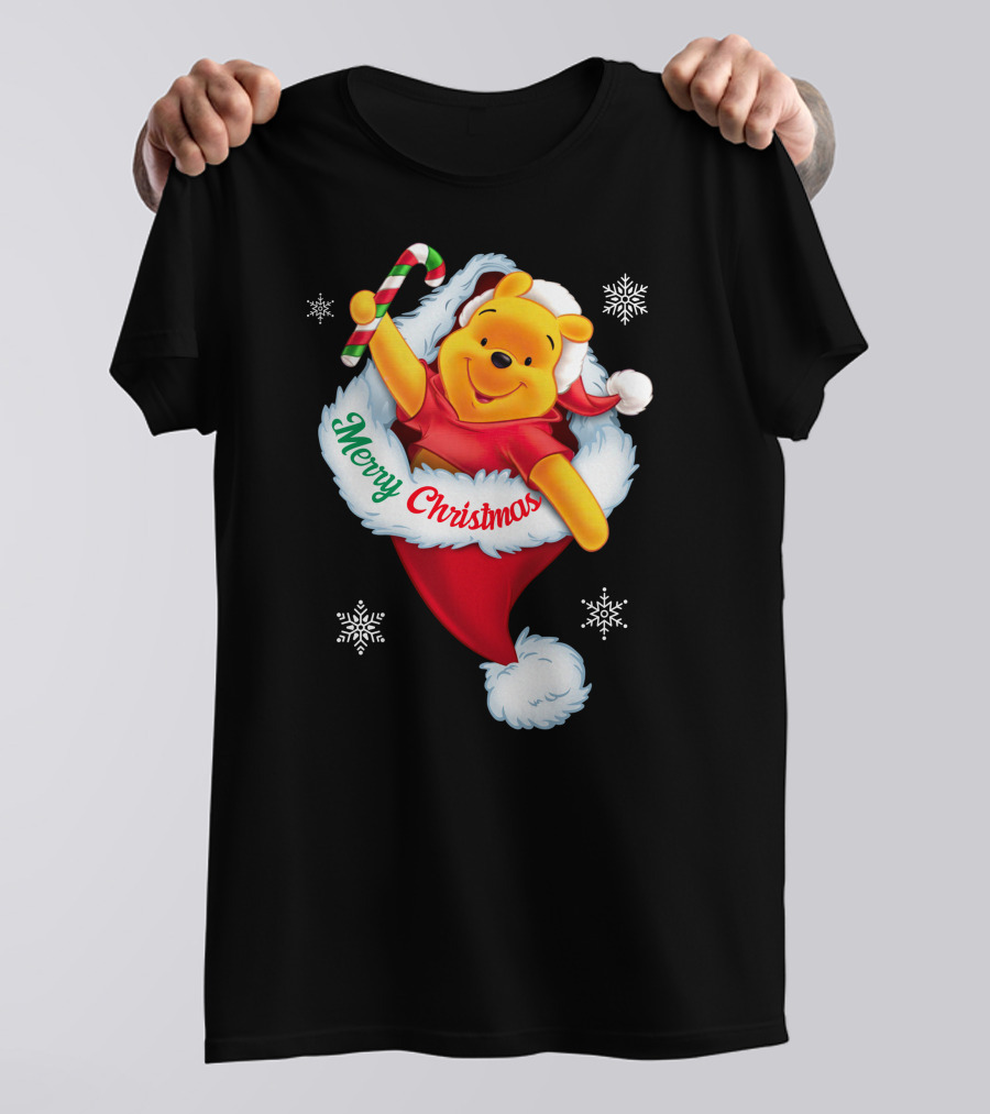 Winnie The Pooh Merry Christmas Santa Hat Candy Cane T-Shirt