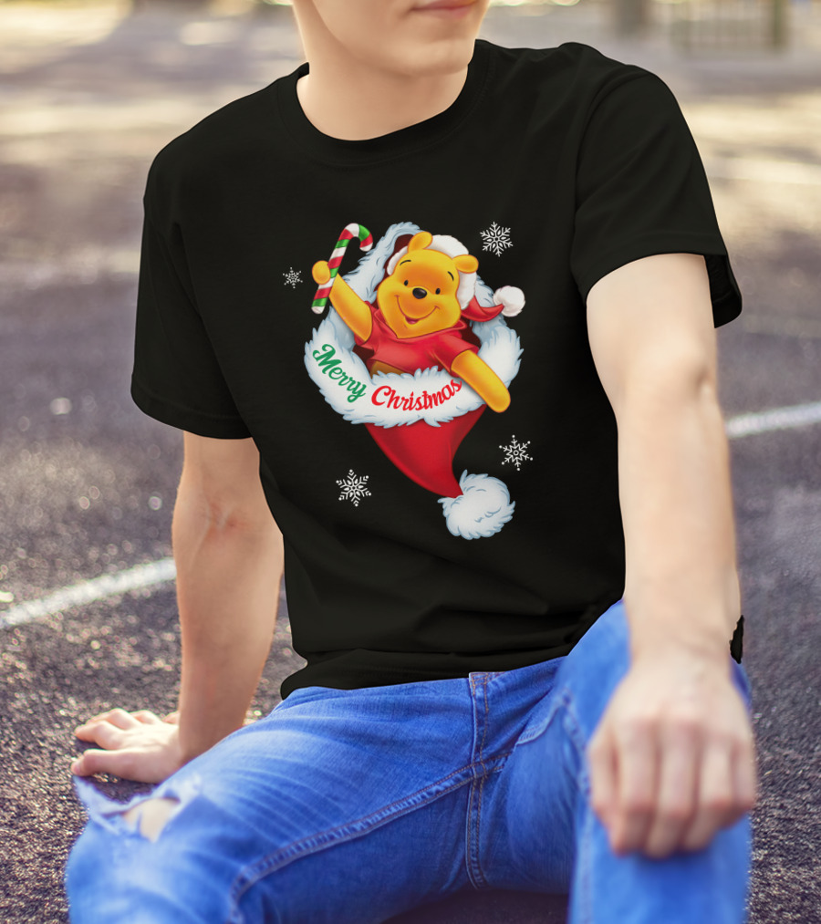 Winnie The Pooh Merry Christmas Santa Hat Candy Cane T-Shirt