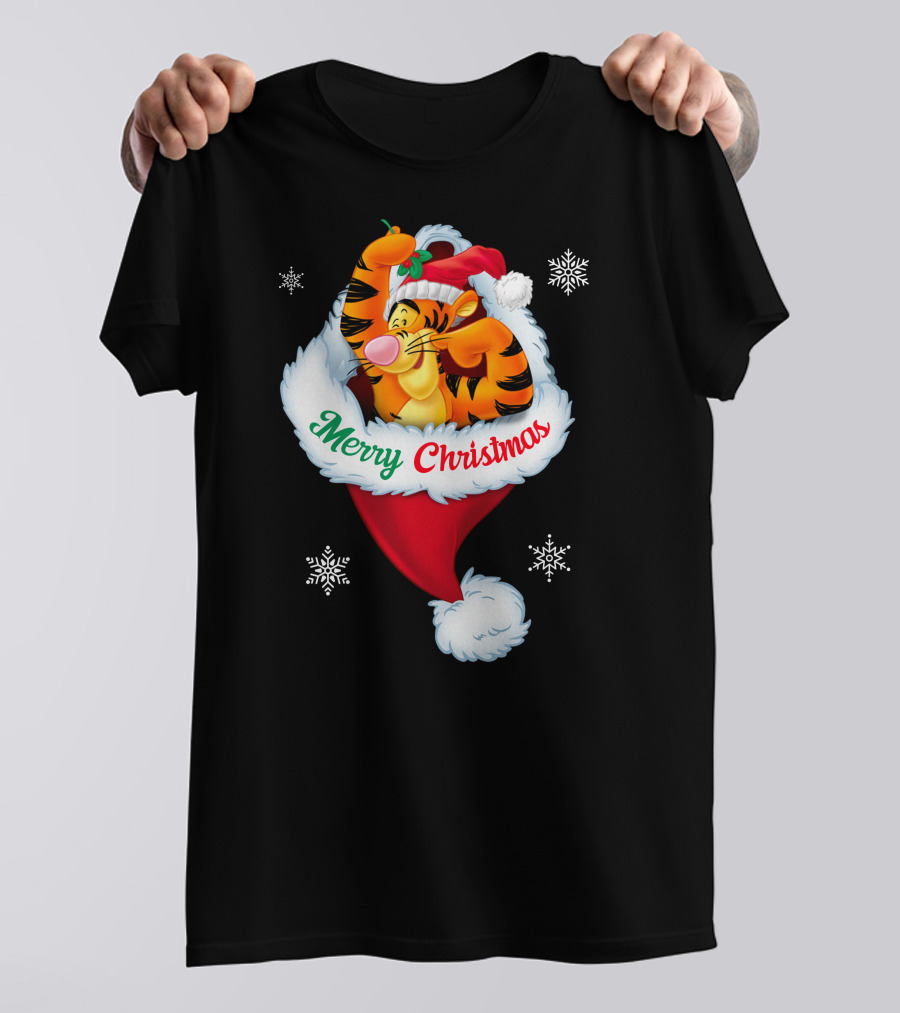 Merry Christmas Tigger Santa Hat Snowflakes T-Shirt