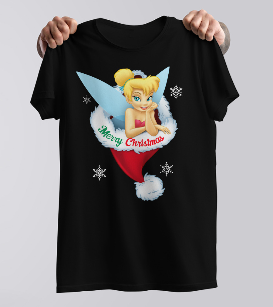 Tinkerbell Merry Christmas Santa Hat Snowflakes T-Shirt
