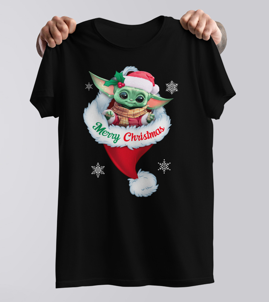Merry Christmas Yoda Santa Hat Snowflakes T-Shirt