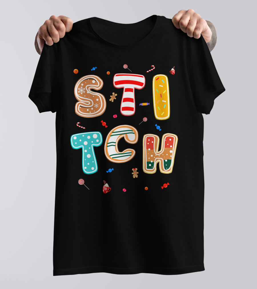 Stitch Gingerbread Candy Cane Christmas Letters T-Shirt