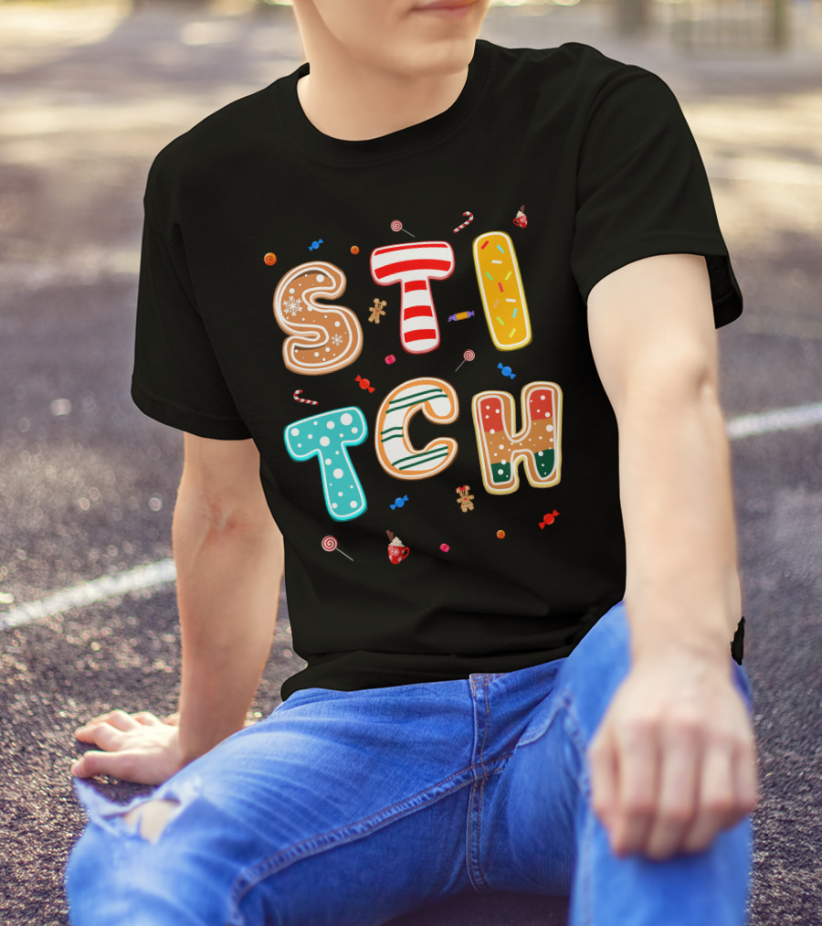 Stitch Gingerbread Candy Cane Christmas Letters T-Shirt
