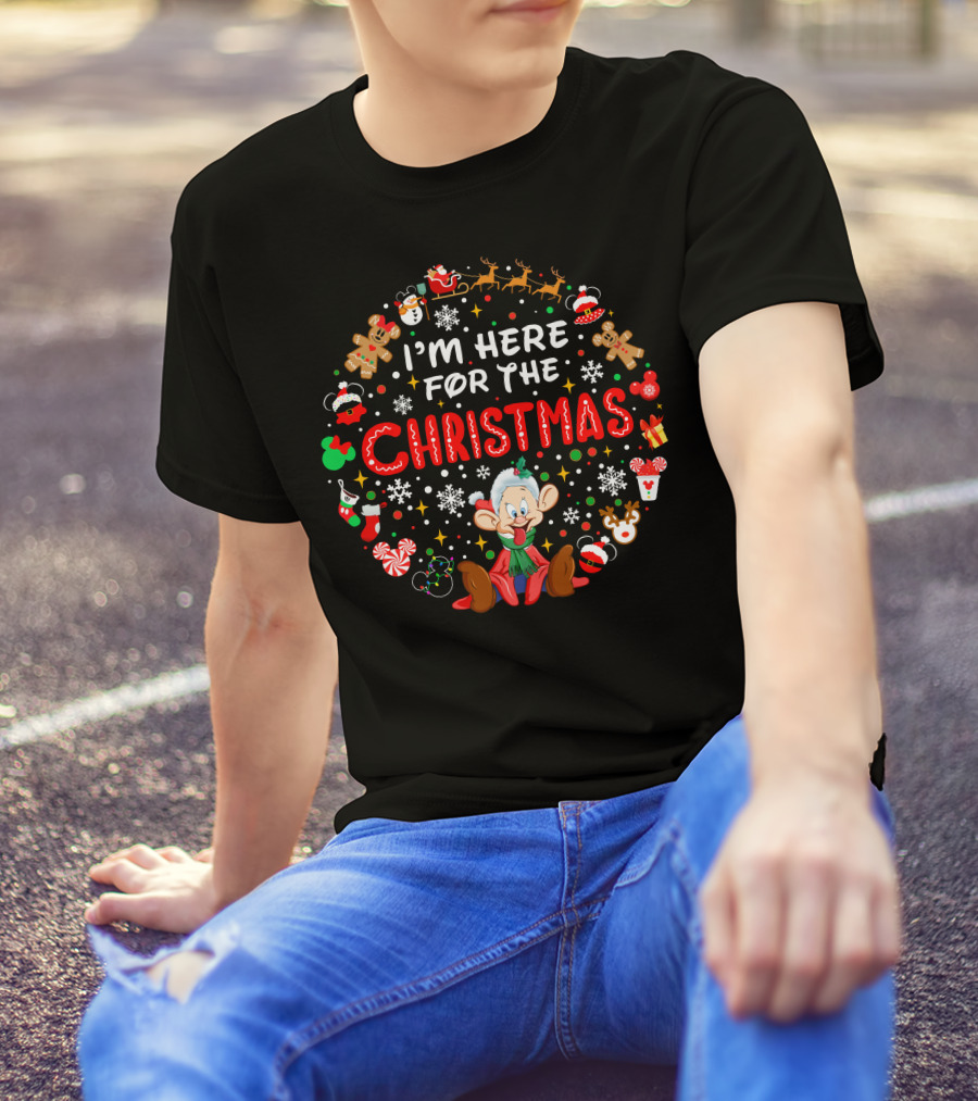 I'm Here For The Christmas Dopey Reindeer Snowflakes Gingerbread Santa Hat Fun T-Shirt
