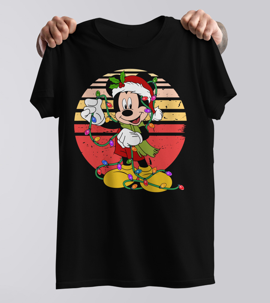 Mickey Christmas Lights Santa Hat Retro Holiday T-Shirt