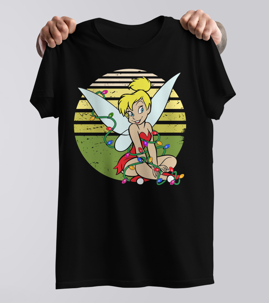 Tinkerbell Wrapped In Christmas Lights Sitting With Retro T-Shirt