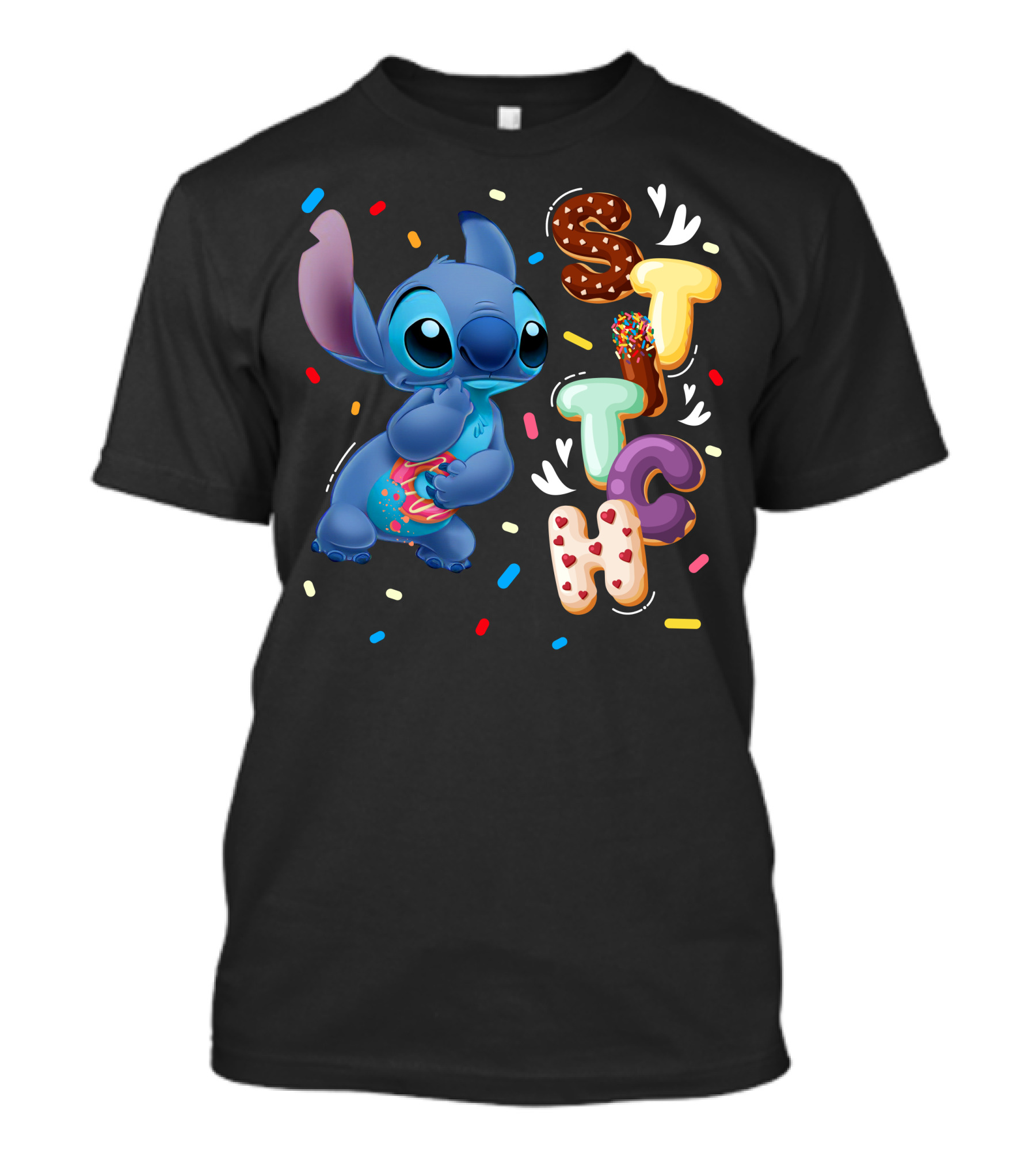 Stitch Donut Letter Sprinkles And Cute Blue Alien Character T-Shirt