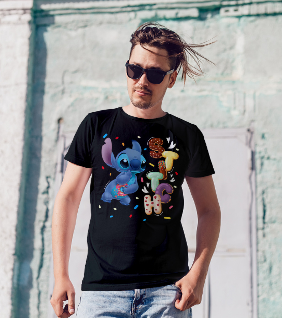 Stitch Donut Letter Sprinkles And Cute Blue Alien Character T-Shirt