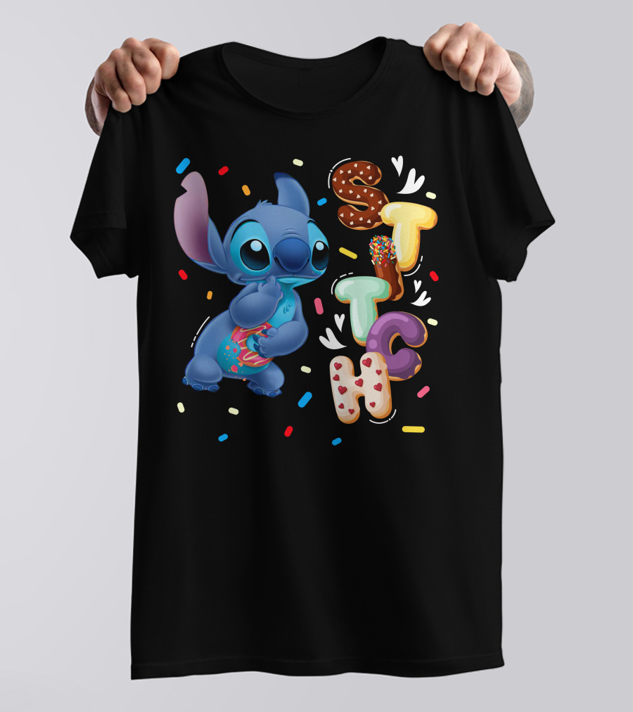 Stitch Donut Letter Sprinkles And Cute Blue Alien Character T-Shirt