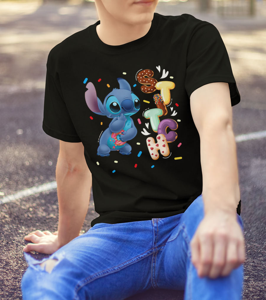 Stitch Donut Letter Sprinkles And Cute Blue Alien Character T-Shirt