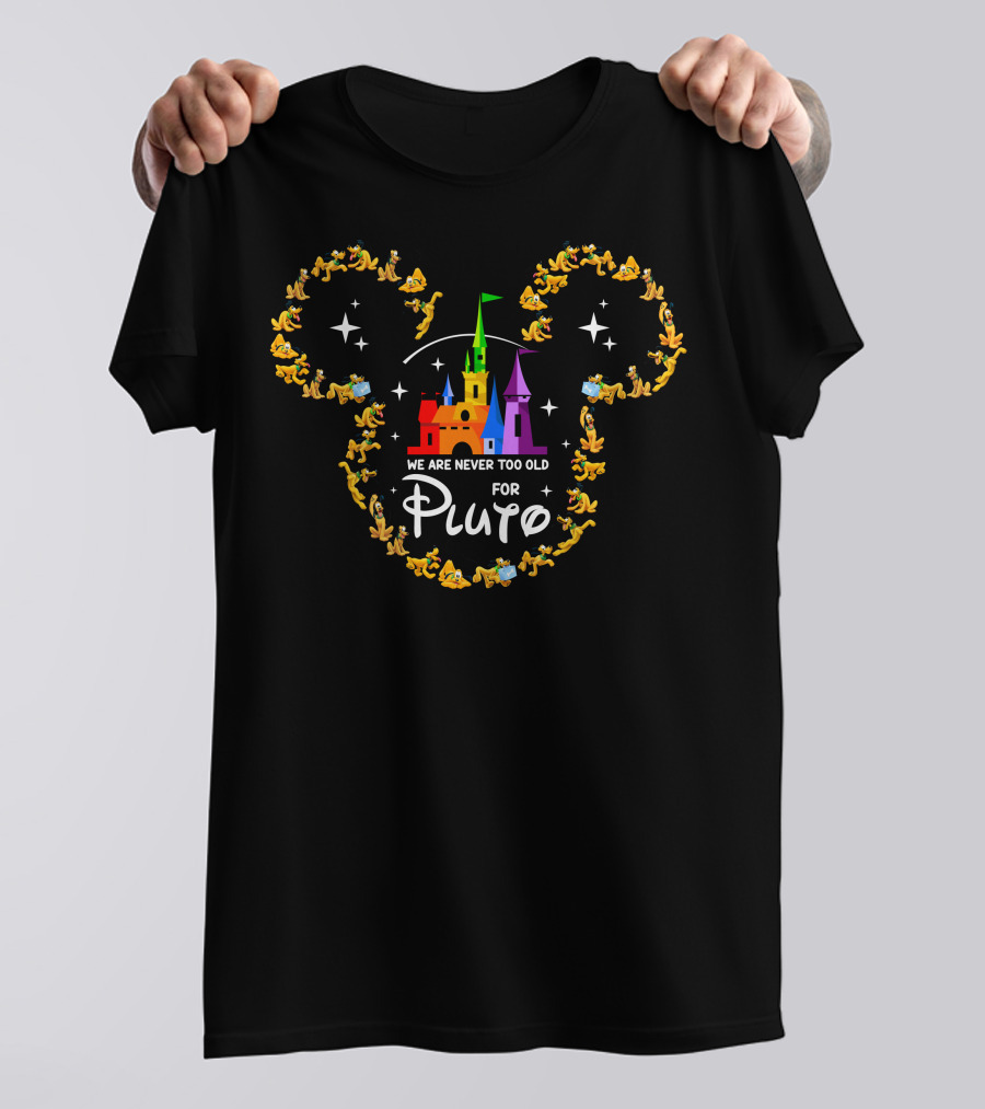 We Are Never Too Old For Pluto Castle And Character Silhouette T-Shirt
