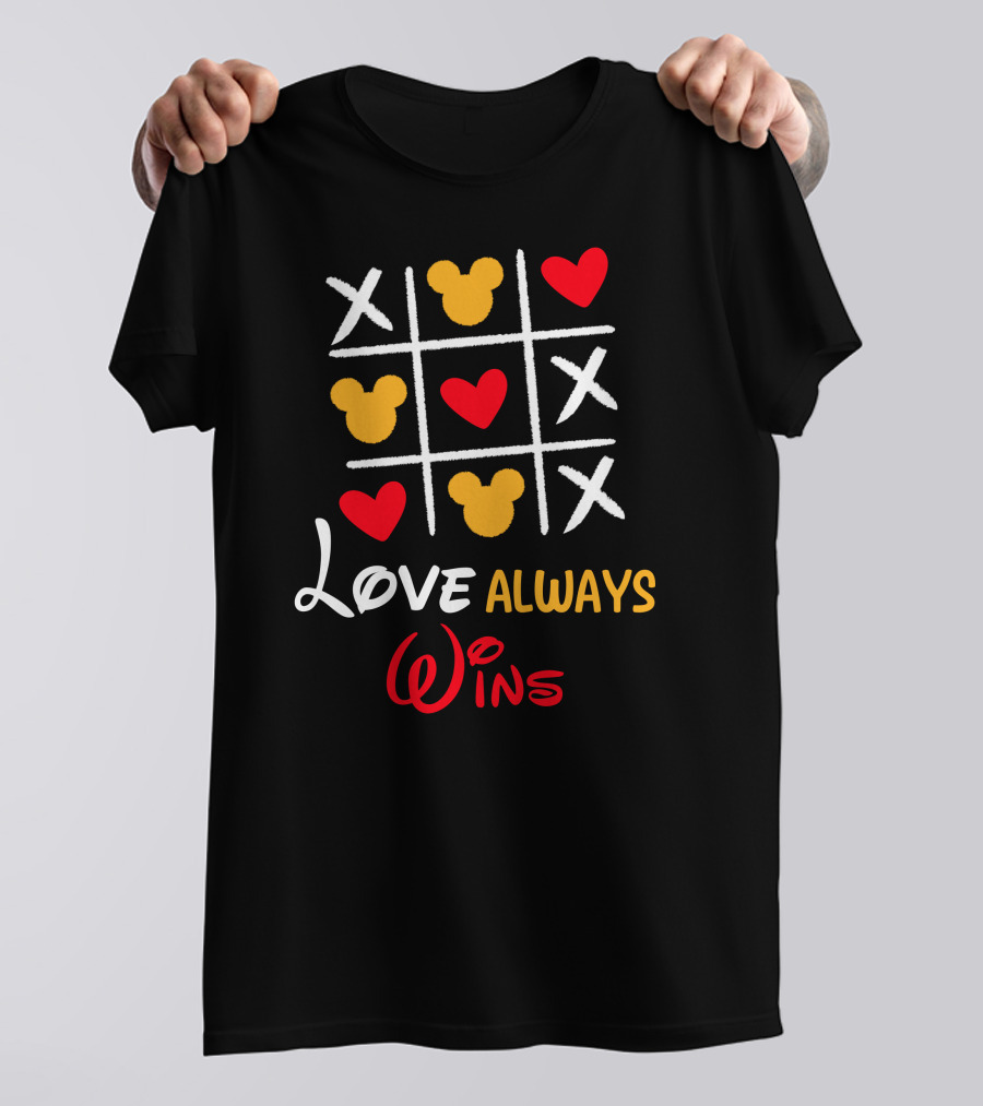 LOVE ALWAYS WINS Tic Tac Toe Hearts Mickey Ears T-Shirt