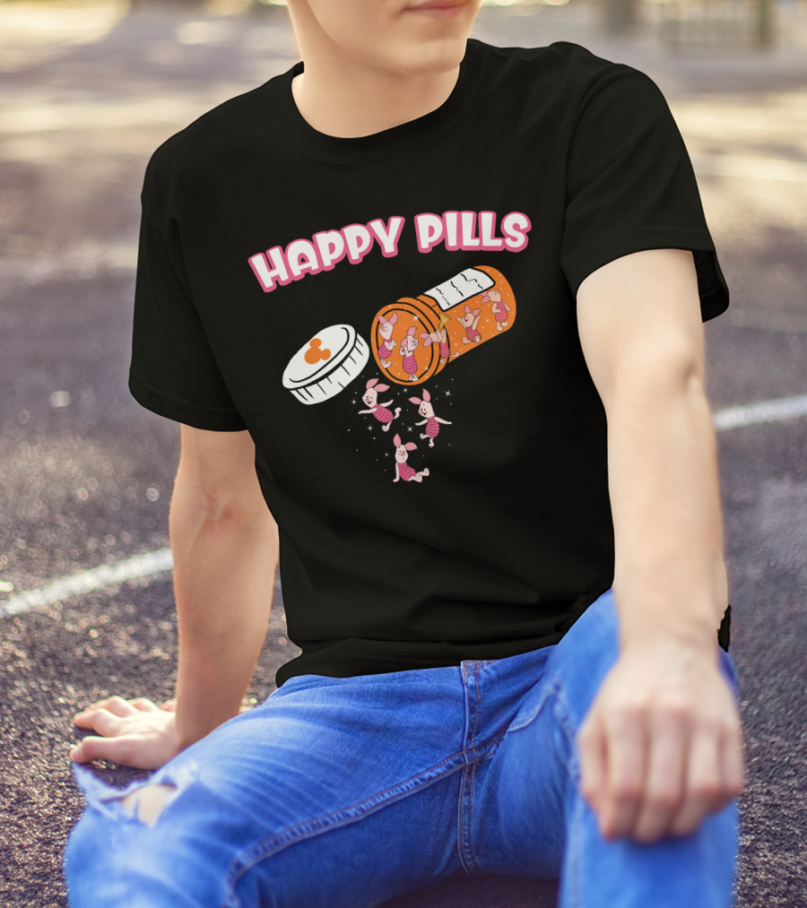 HAPPY PILLS Piglet Characters In Prescription Bottle T-Shirt