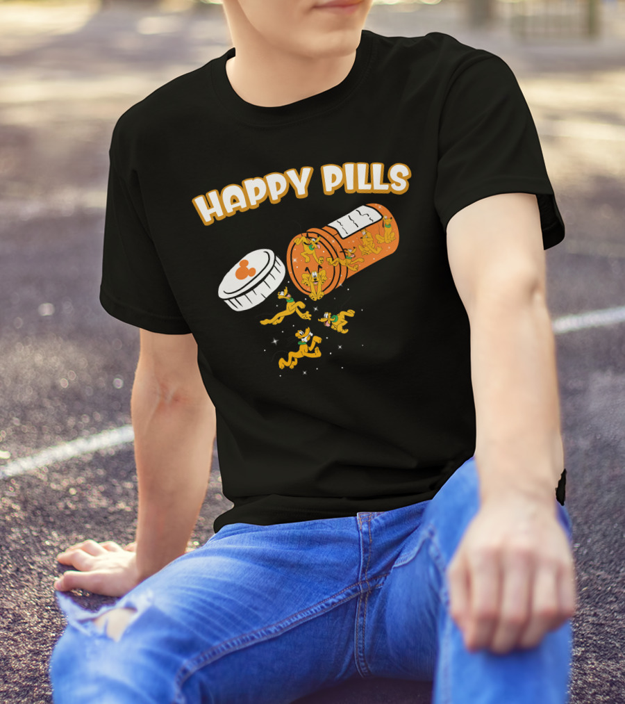 HAPPY PILLS Pluto Characters In Orange Pill Bottle T-Shirt