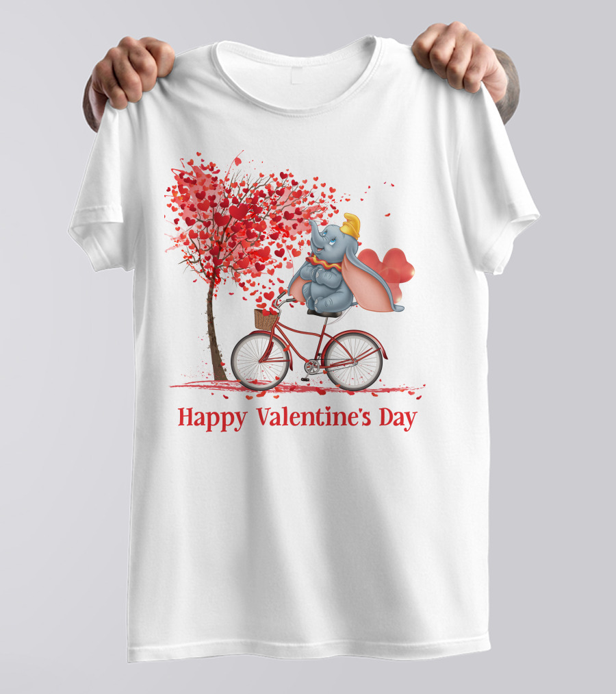 Happy Valentine's Day Dumbo With Hearts Bicycle T-Shirt