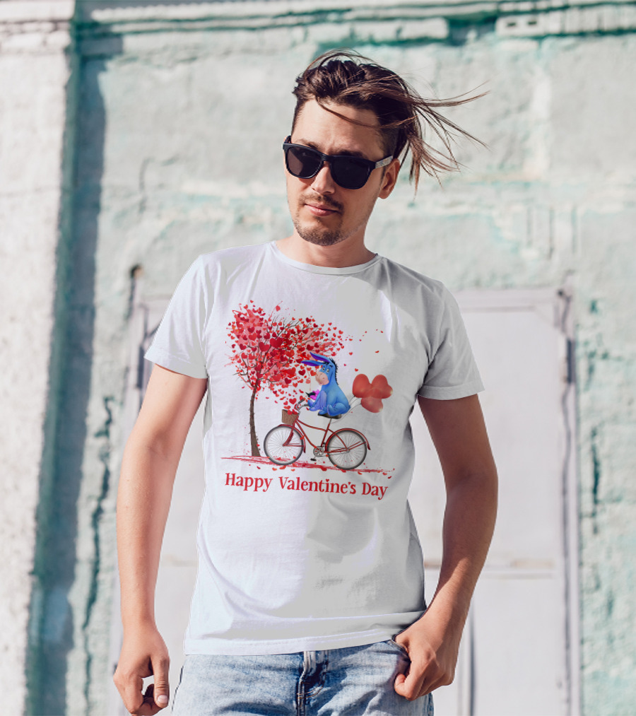 Happy Valentine's Day Eeyore On Bicycle With Heart Balloons And Tree Of Hearts T-Shirt