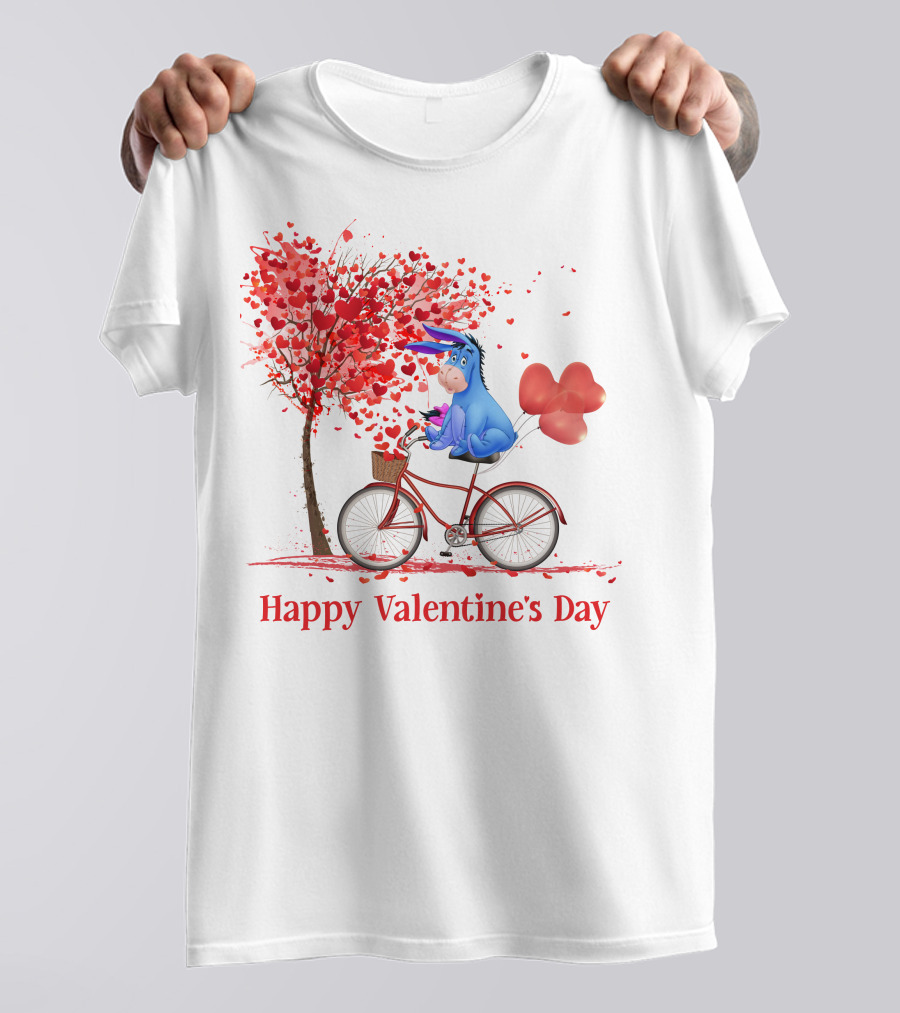 Happy Valentine's Day Eeyore On Bicycle With Heart Balloons And Tree Of Hearts T-Shirt