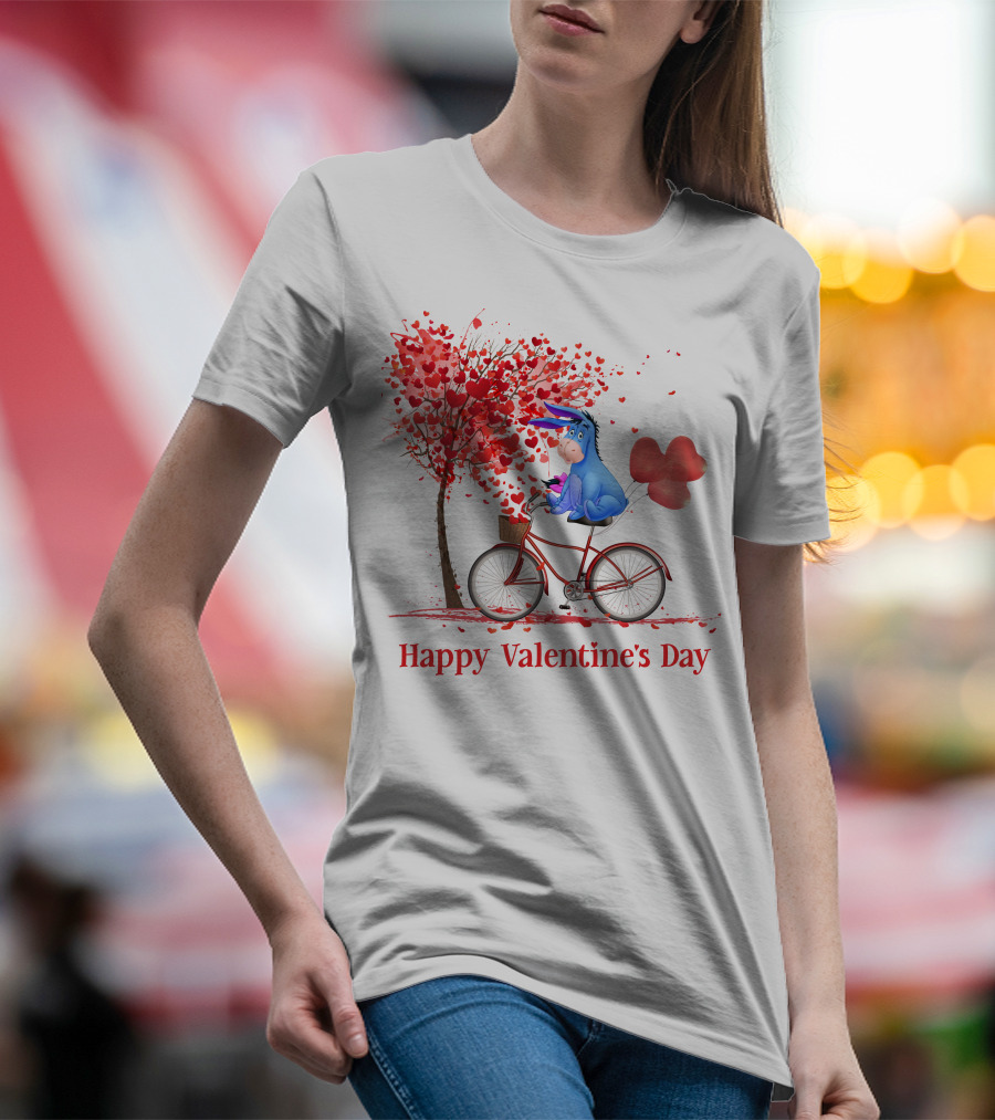 Happy Valentine's Day Eeyore On Bicycle With Heart Balloons And Tree Of Hearts T-Shirt