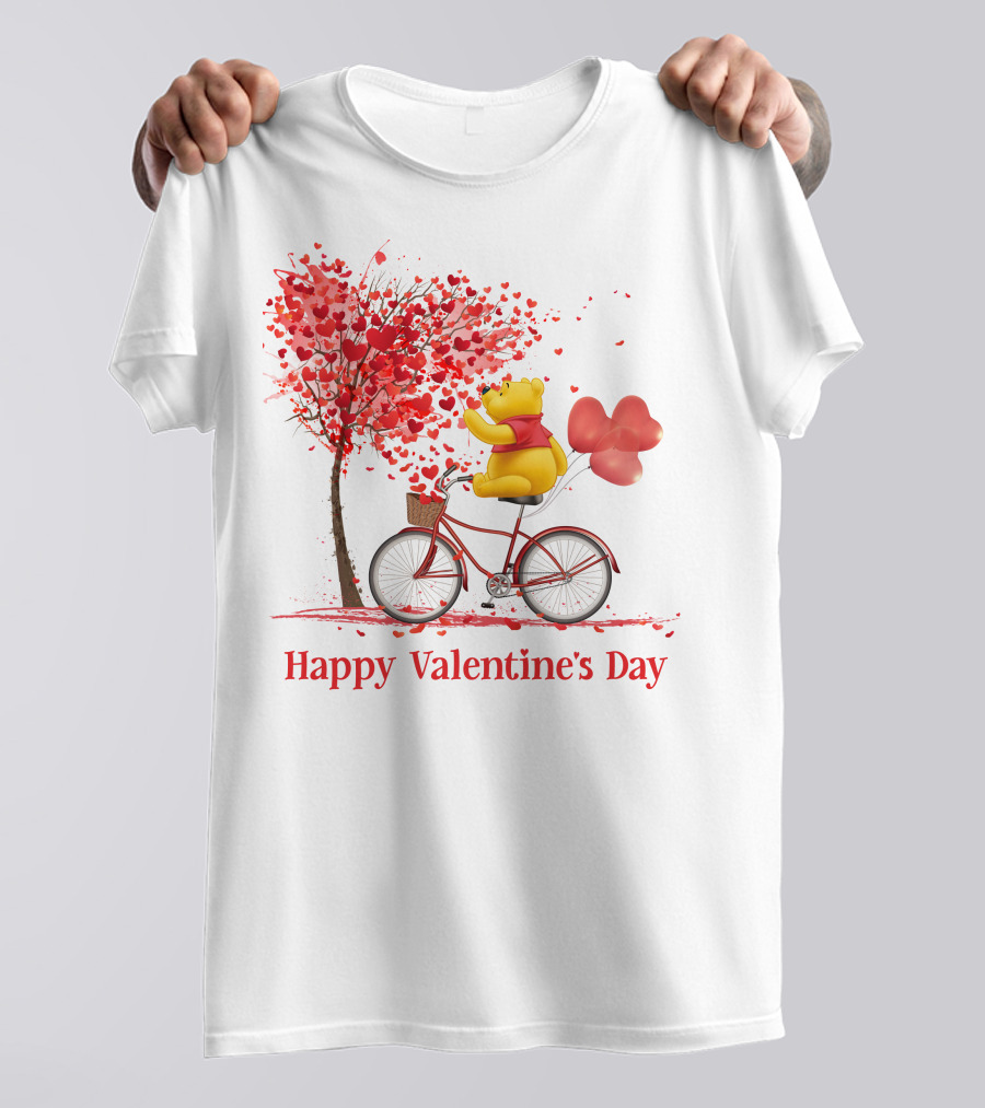 Happy Valentine's Day Bicycle Bear With Love Balloons And Heart Tree T-Shirt