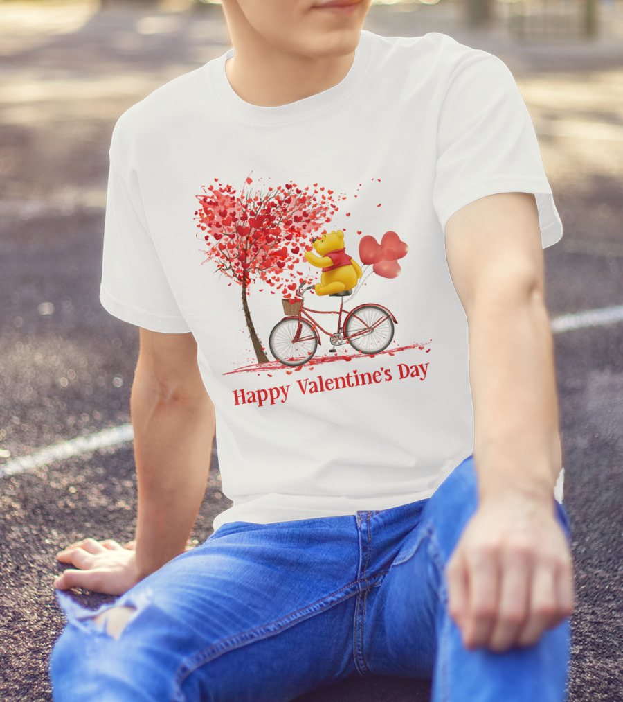 Happy Valentine's Day Bicycle Bear With Love Balloons And Heart Tree T-Shirt
