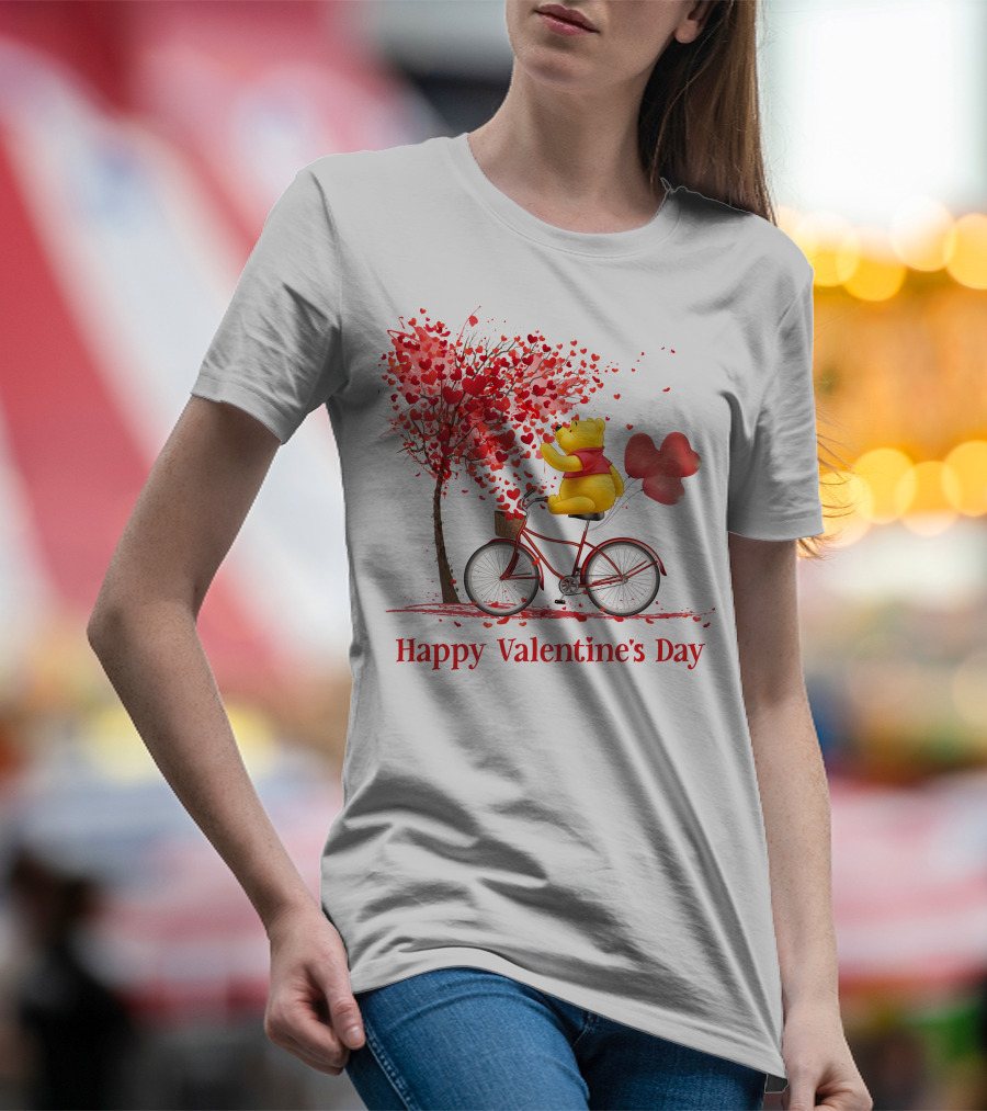 Happy Valentine's Day Bicycle Bear With Love Balloons And Heart Tree T-Shirt