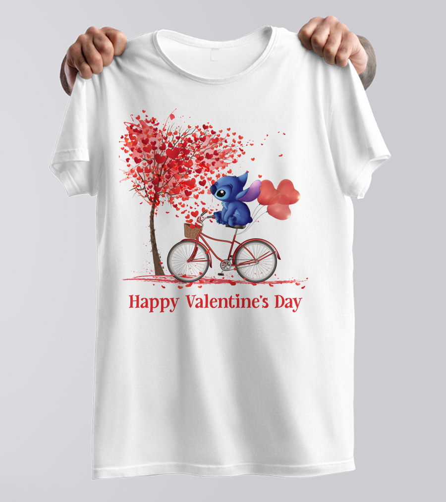 Happy Valentine's Day Stitch Bicycle Heart Balloons T-Shirt
