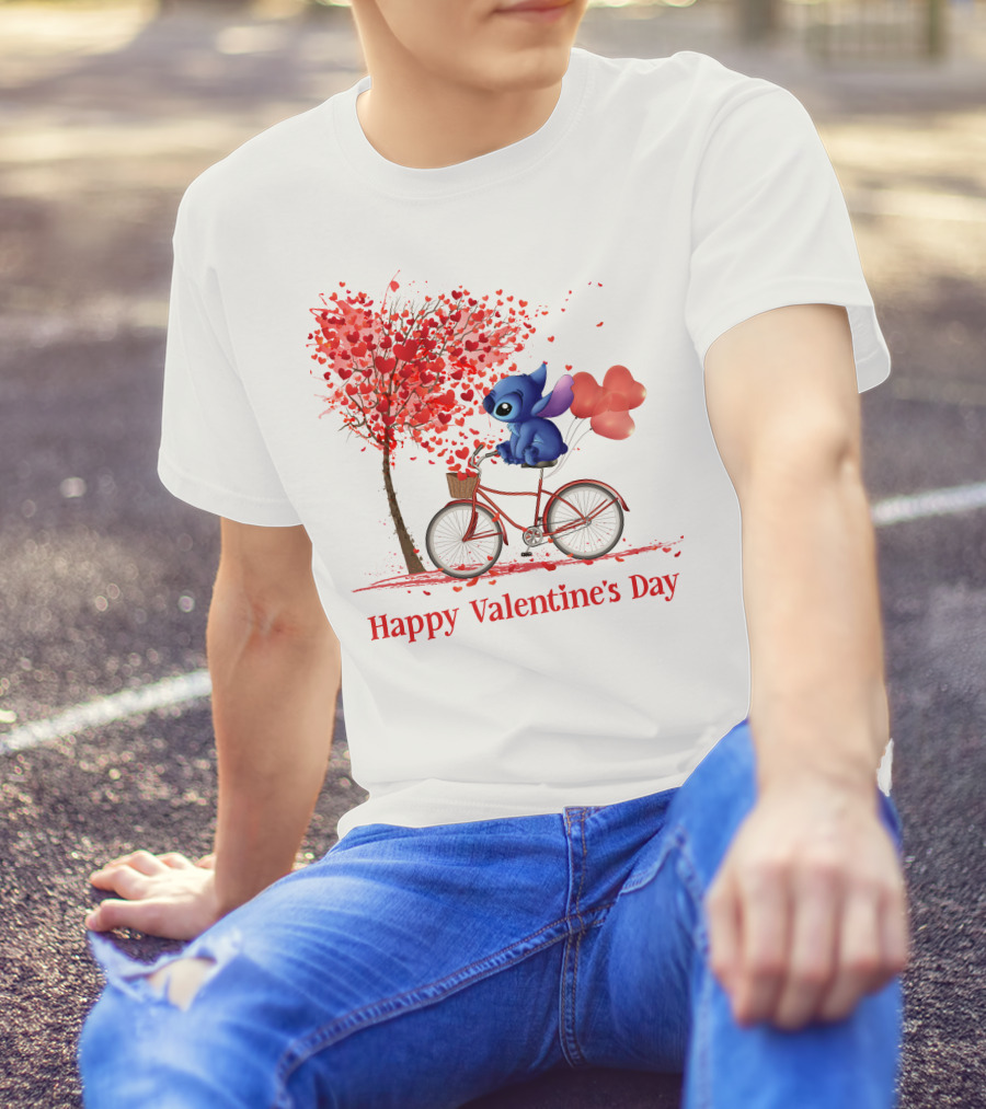 Happy Valentine's Day Stitch Bicycle Heart Balloons T-Shirt
