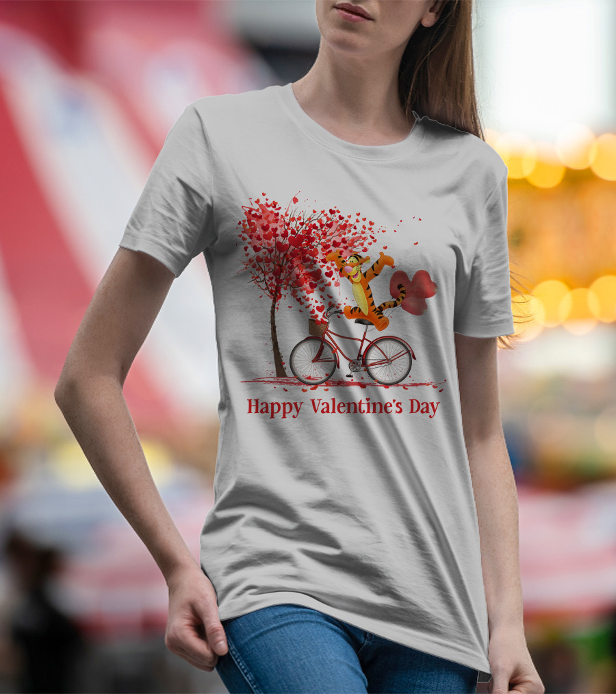 Happy Valentine's Day Tigger Riding Bicycle With Heart Balloon And Heart Tree T-Shirt
