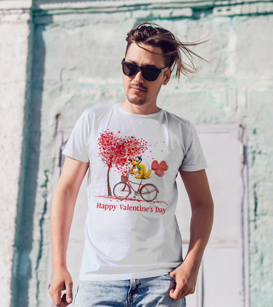 Disney Pluto Happy Valentine's Day Bicycle And Heart Tree T-Shirt