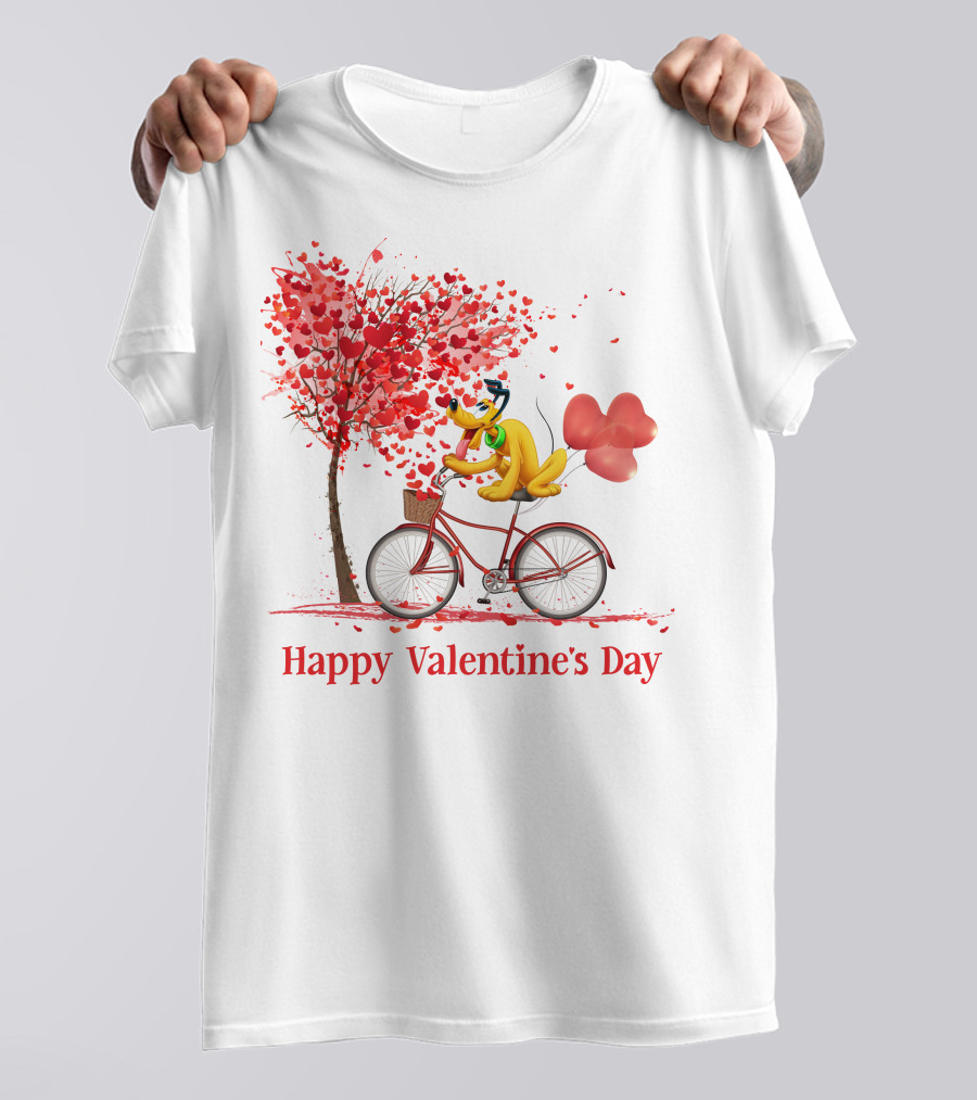 Disney Pluto Happy Valentine's Day Bicycle And Heart Tree T-Shirt