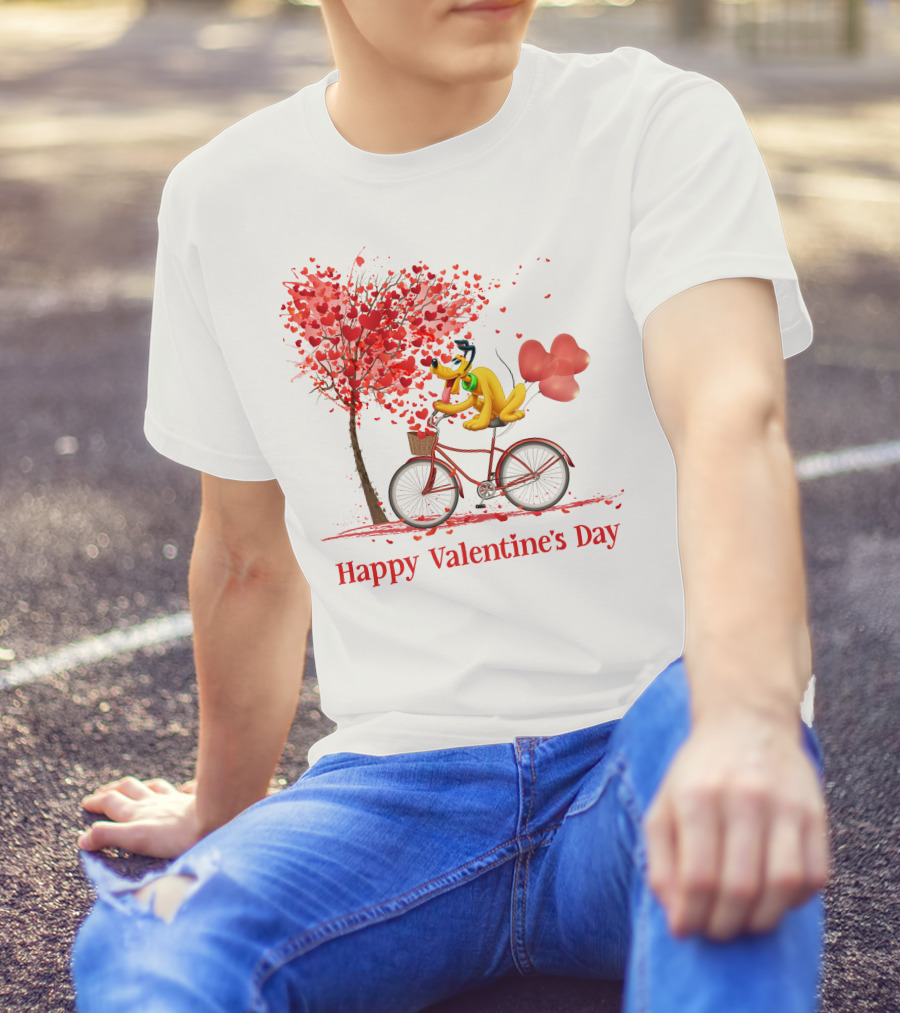 Disney Pluto Happy Valentine's Day Bicycle And Heart Tree T-Shirt