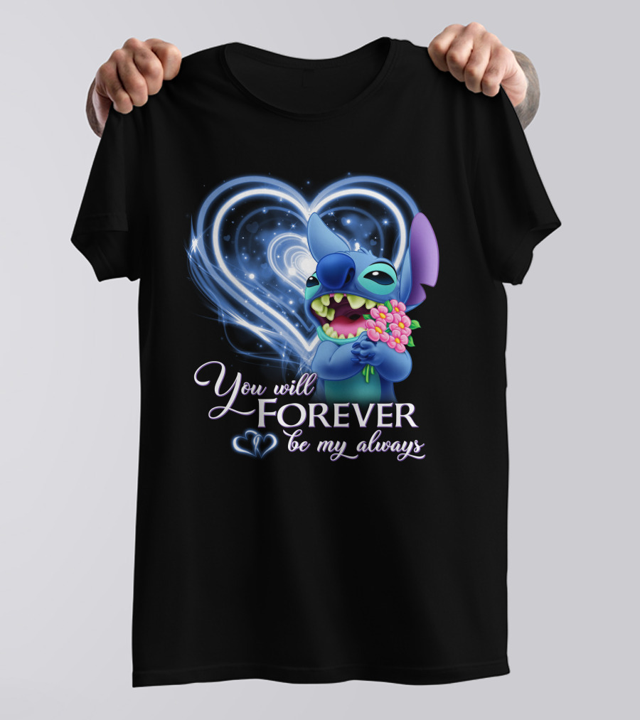 You Will Forever Be My Always Stitch Holding Flowers Heart T-Shirt