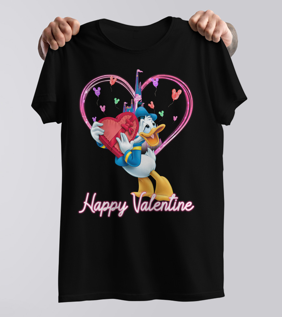 Donald Duck Happy Valentine Heart Balloons And Castle T-Shirt