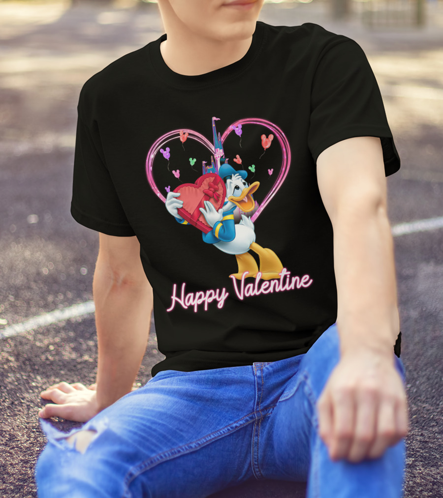 Donald Duck Happy Valentine Heart Balloons And Castle T-Shirt
