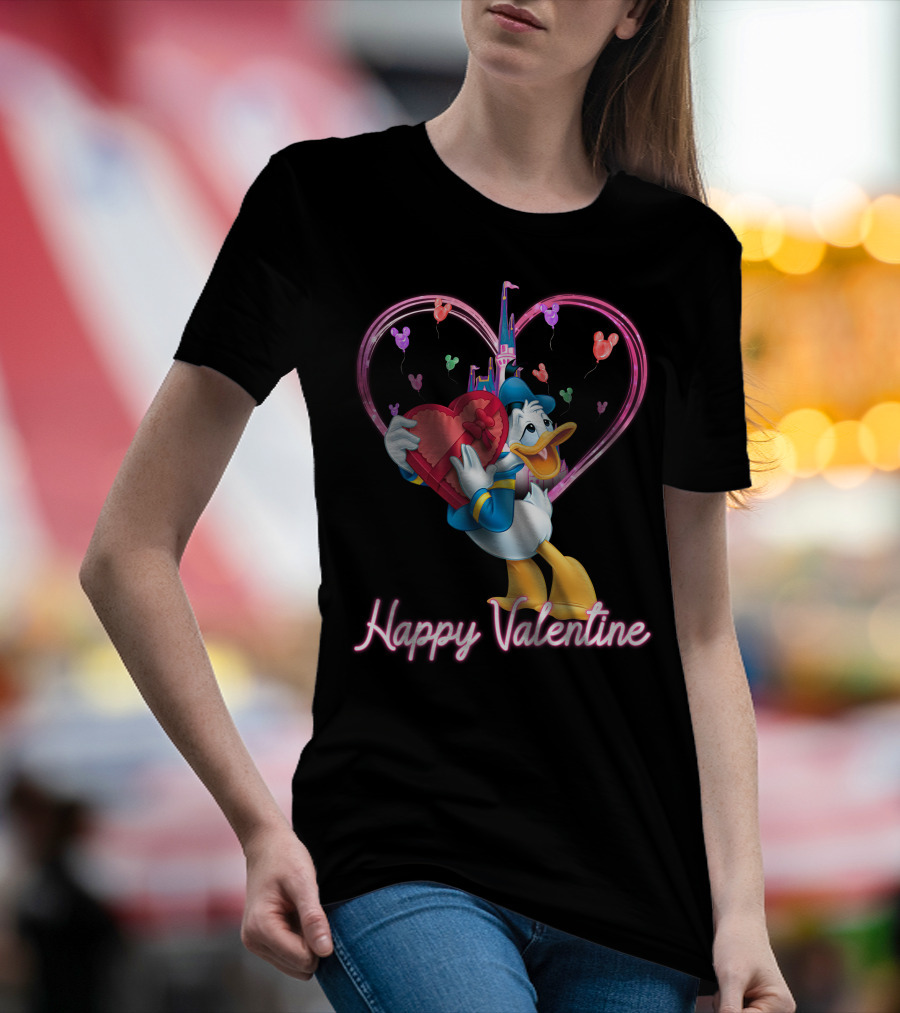 Donald Duck Happy Valentine Heart Balloons And Castle T-Shirt